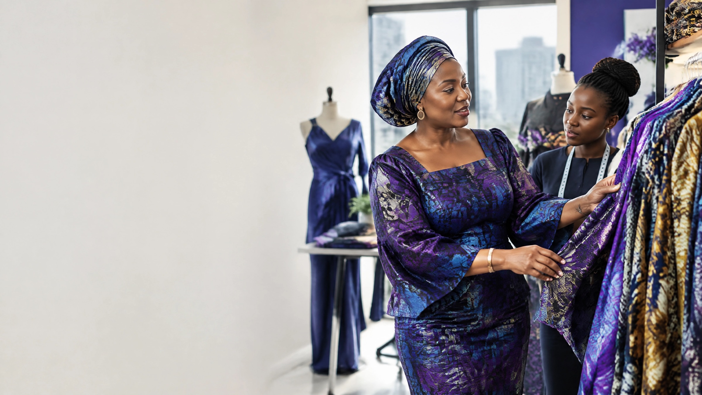 A fashion house owner shows fabric to her apprentice beside a rack of Ankara prints