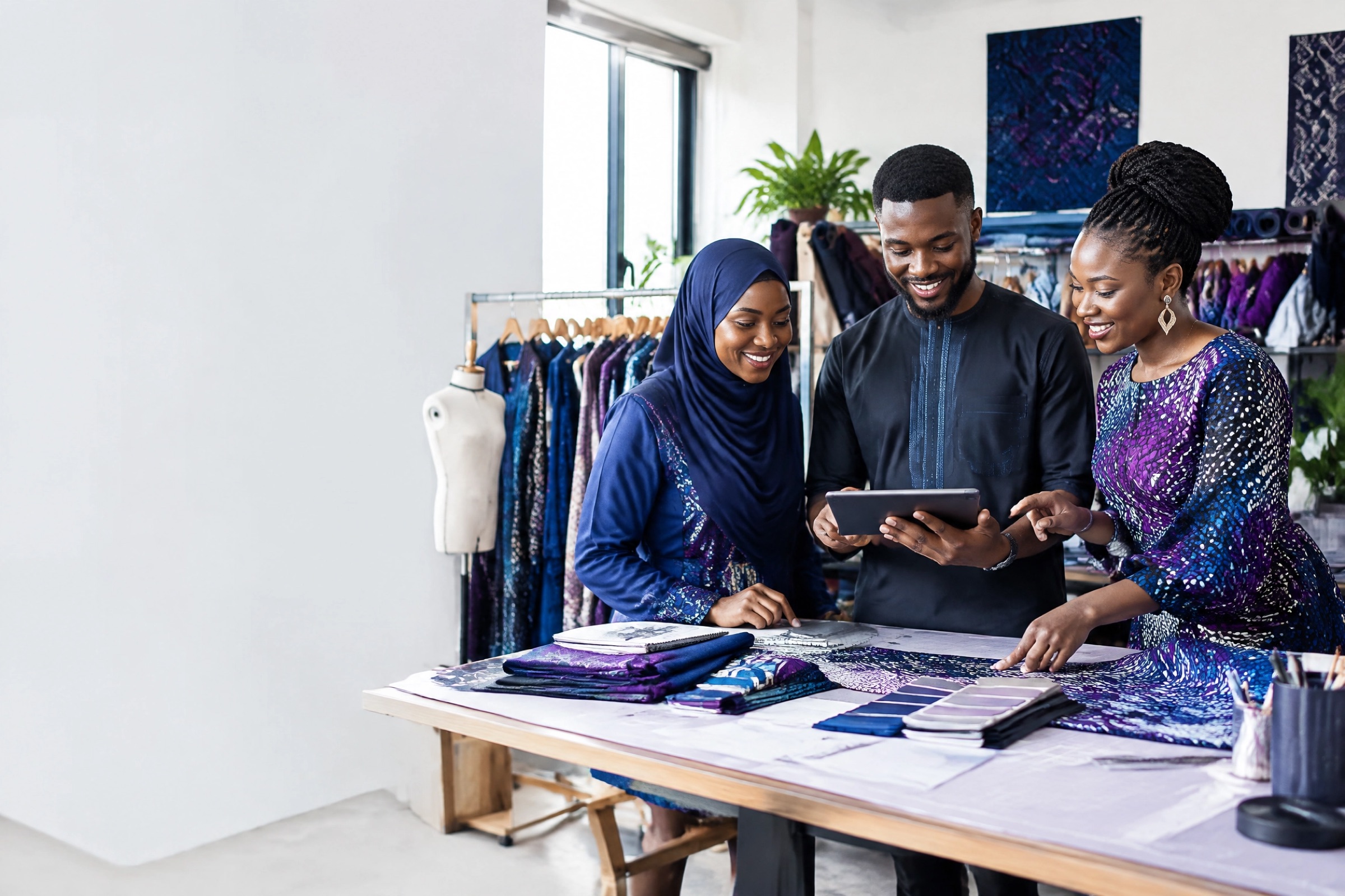 A Nigerian fashion team reviewing orders together on a tablet in their studio