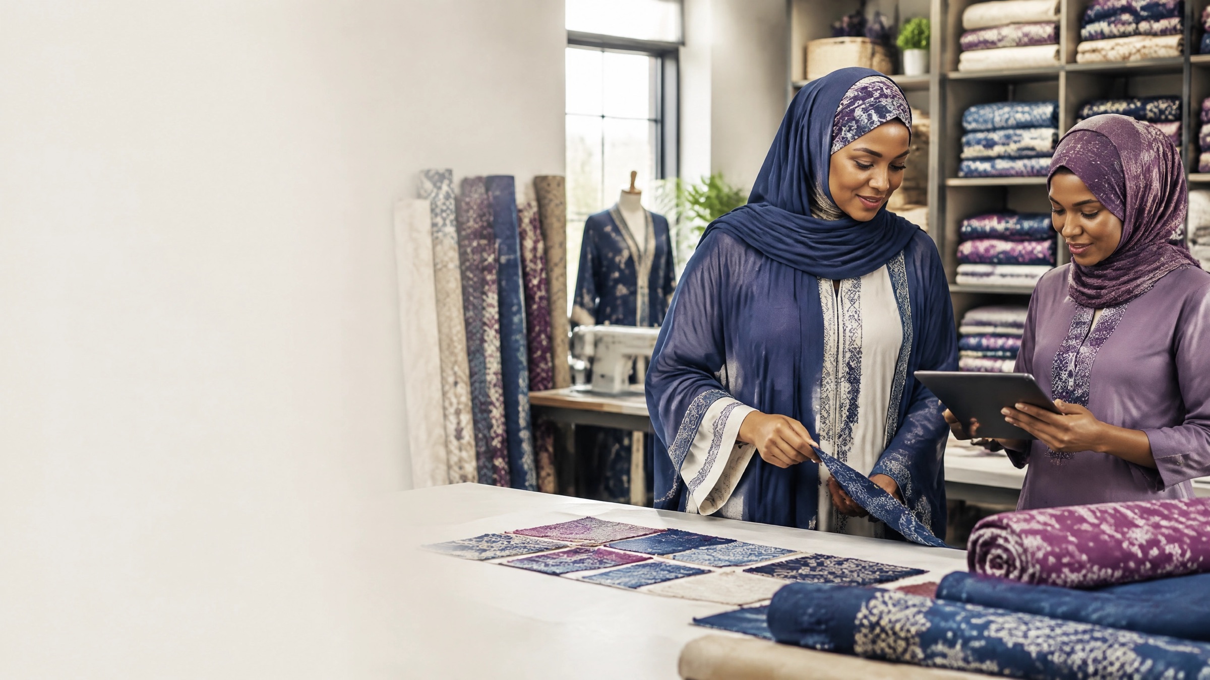 Two women in hijabs compare indigo and plum fabric swatches in a textile shop